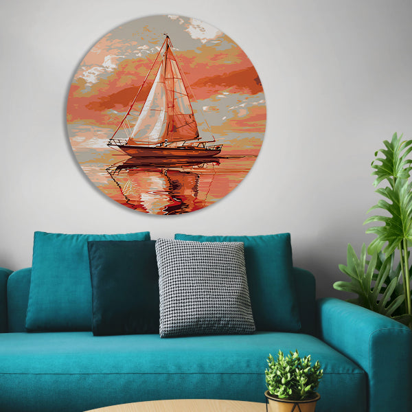 Zeilboot bij zonsondergang digitale kunst aluminium muurcirkel