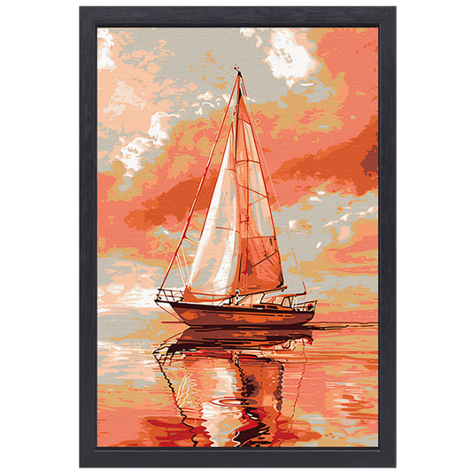 Zeilboot bij zonsondergang digitale kunst canvas met baklijst