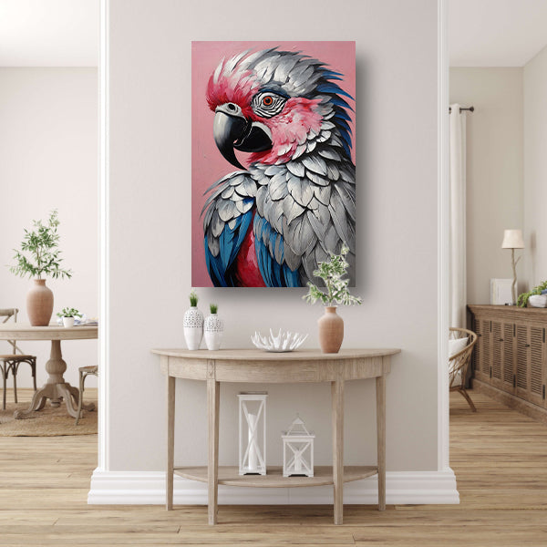 Levendig Papegaaienportret in Roze en Blauw canvas met baklijst