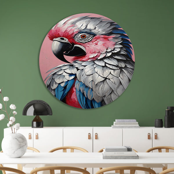 Levendig Papegaaienportret in Roze en Blauw aluminium muurcirkel