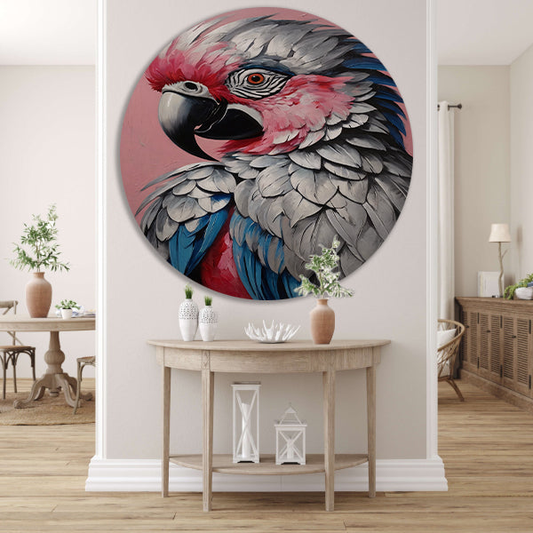 Levendig Papegaaienportret in Roze en Blauw aluminium muurcirkel