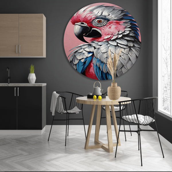 Levendig Papegaaienportret in Roze en Blauw aluminium muurcirkel