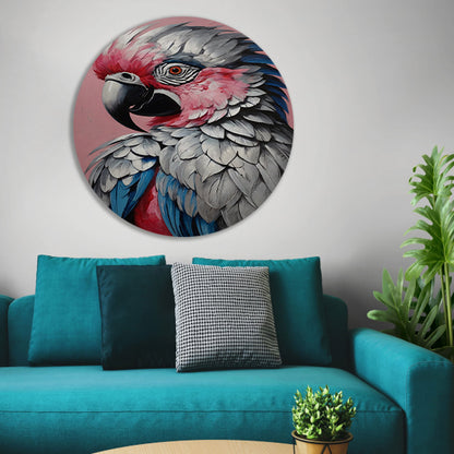 Levendig Papegaaienportret in Roze en Blauw aluminium muurcirkel