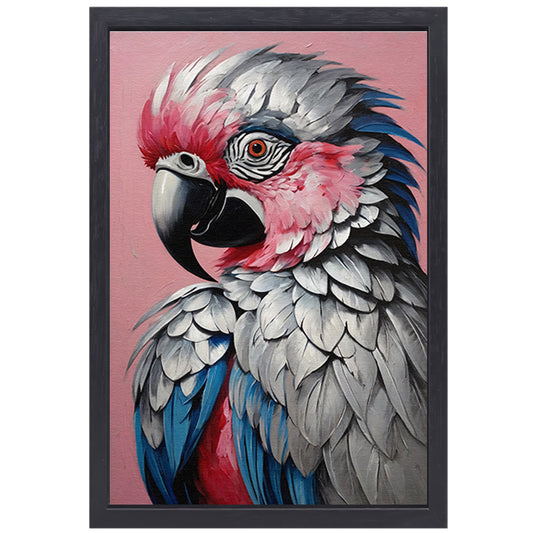 Levendig Papegaaienportret in Roze en Blauw canvas met baklijst