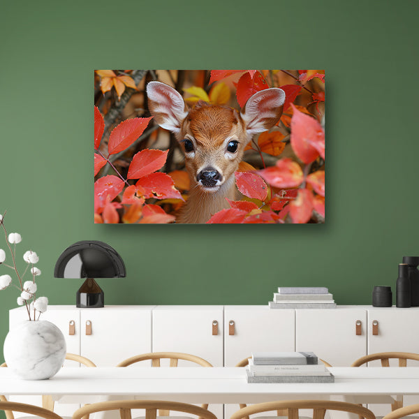 Hert verscholen in herfstbladeren canvas