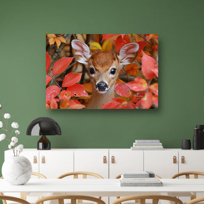 Hert verscholen in herfstbladeren canvas