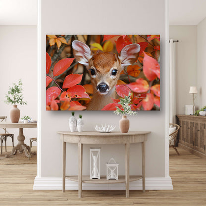 Hert verscholen in herfstbladeren canvas