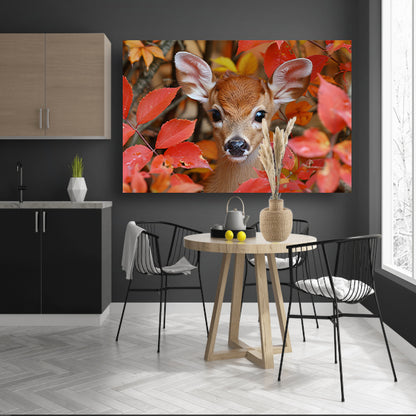 Hert verscholen in herfstbladeren canvas