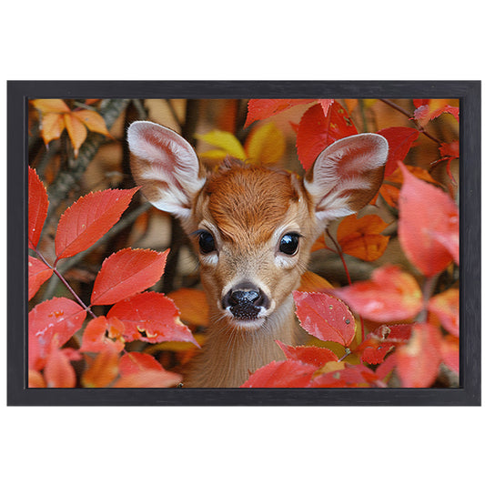 Hert verscholen in herfstbladeren canvas met baklijst