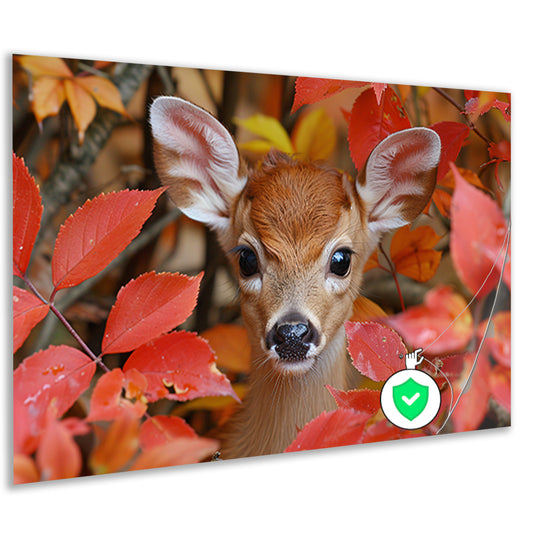 Hert verscholen in herfstbladeren poster