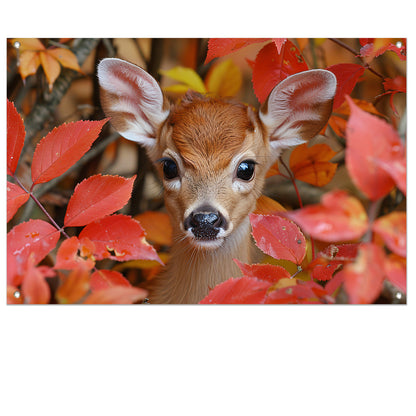 Hert verscholen in herfstbladeren tuinposter