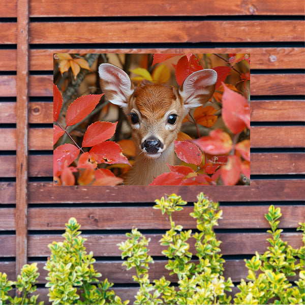 Hert verscholen in herfstbladeren tuinposter