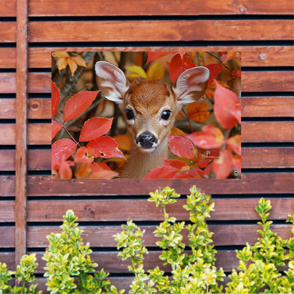 Hert verscholen in herfstbladeren tuinposter