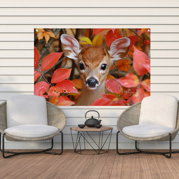 Hert verscholen in herfstbladeren tuinposter