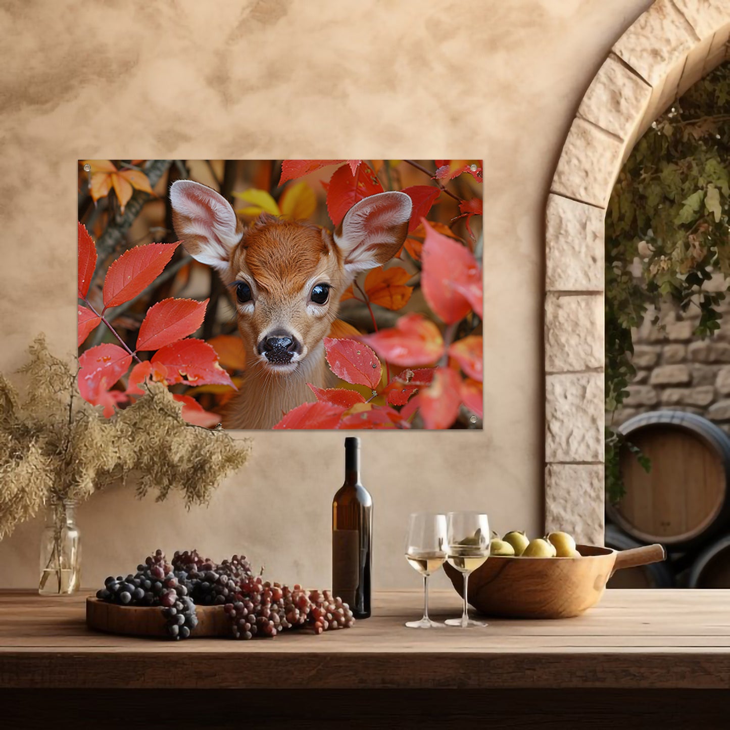Hert verscholen in herfstbladeren tuinposter