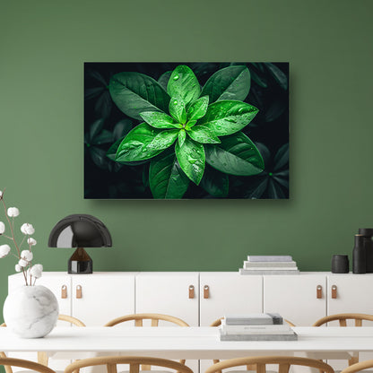 Levendige groene bladeren met dauwdruppels acrylglas