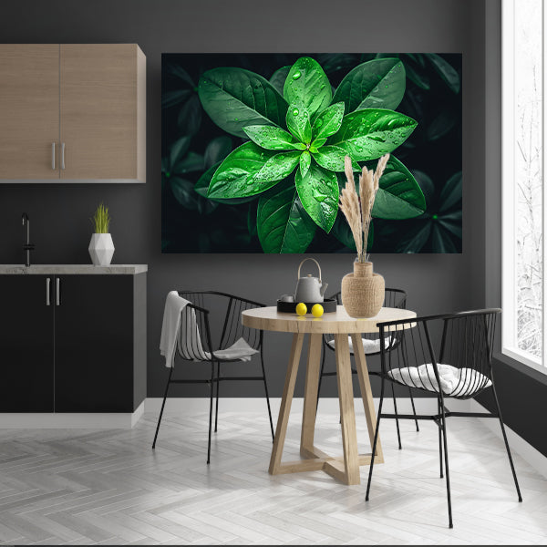 Levendige groene bladeren met dauwdruppels acrylglas