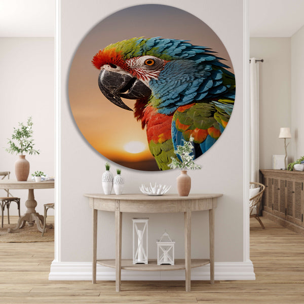 Kleurrijke papegaai bij zonsondergang kunstfoto aluminium muurcirkel