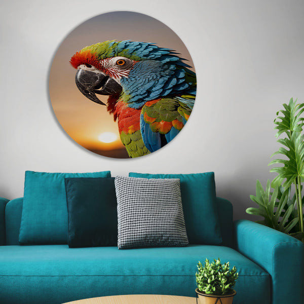 Kleurrijke papegaai bij zonsondergang kunstfoto aluminium muurcirkel