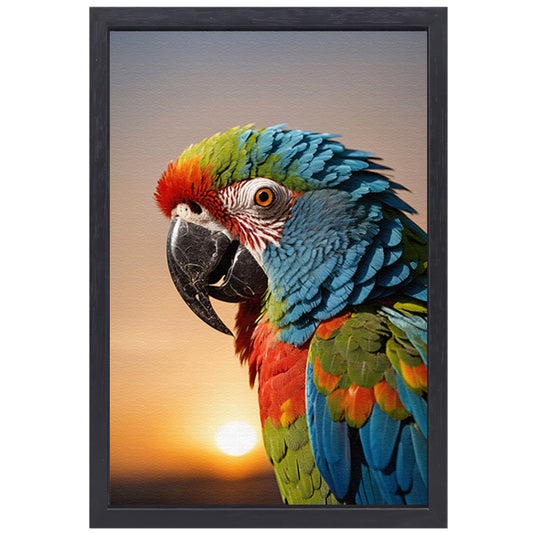 Kleurrijke papegaai bij zonsondergang kunstfoto canvas met baklijst