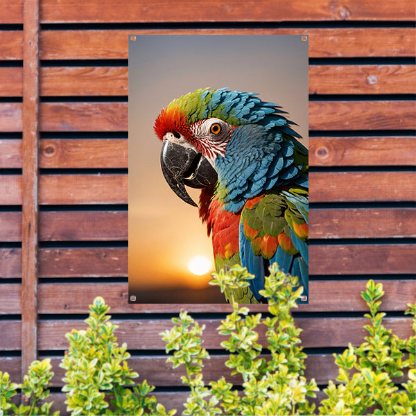 Kleurrijke papegaai bij zonsondergang kunstfoto tuinposter