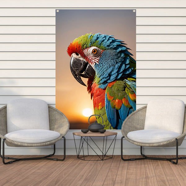 Kleurrijke papegaai bij zonsondergang kunstfoto tuinposter