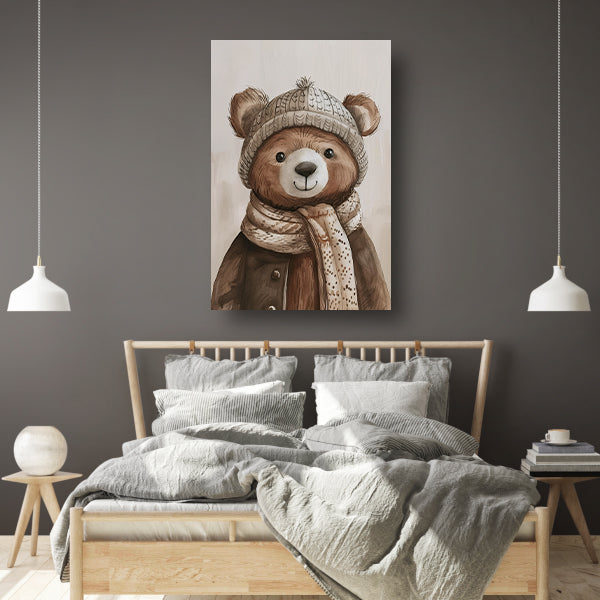 Aquarel  van beer met sjaal canvas met baklijst