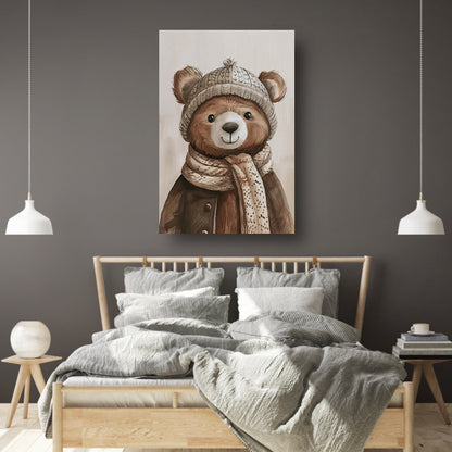 Aquarel  van beer met sjaal canvas met baklijst