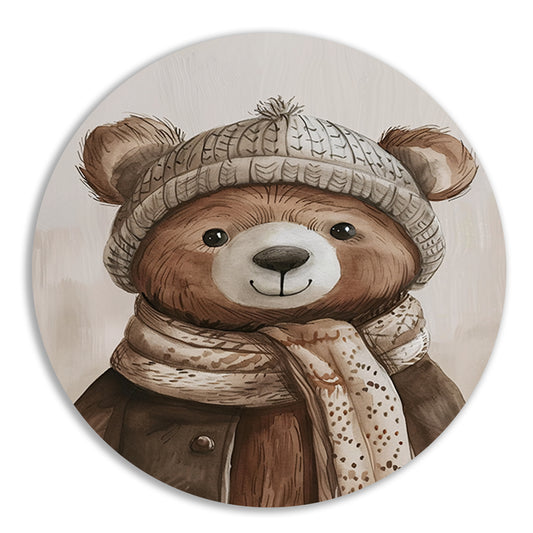 Aquarel  van beer met sjaal aluminium muurcirkel