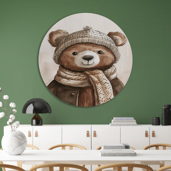 Aquarel  van beer met sjaal aluminium muurcirkel