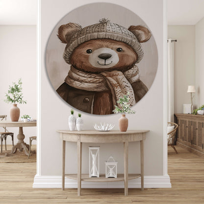 Aquarel  van beer met sjaal aluminium muurcirkel