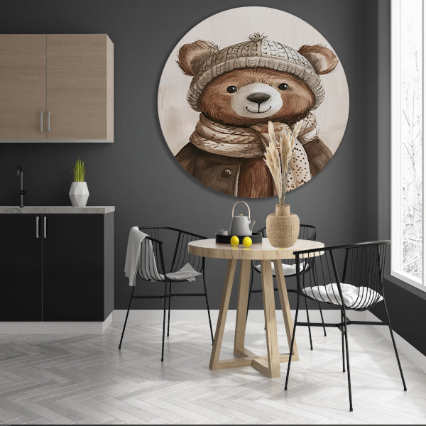 Aquarel  van beer met sjaal aluminium muurcirkel
