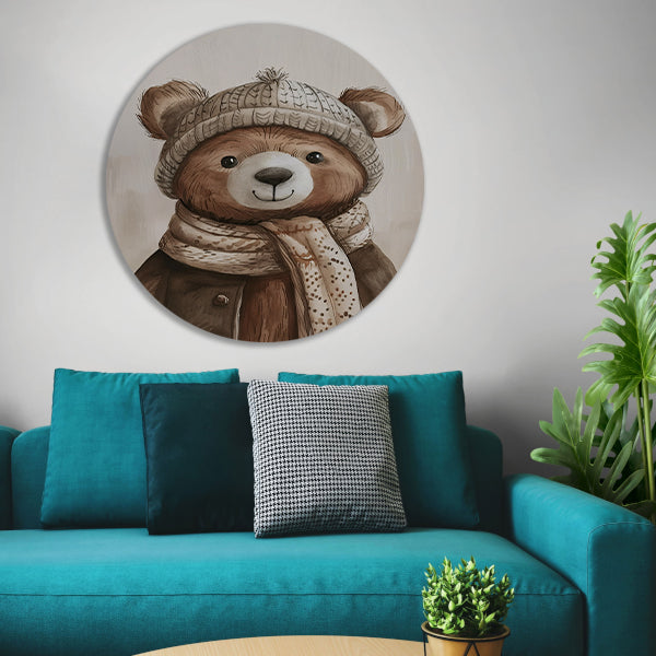 Aquarel  van beer met sjaal aluminium muurcirkel