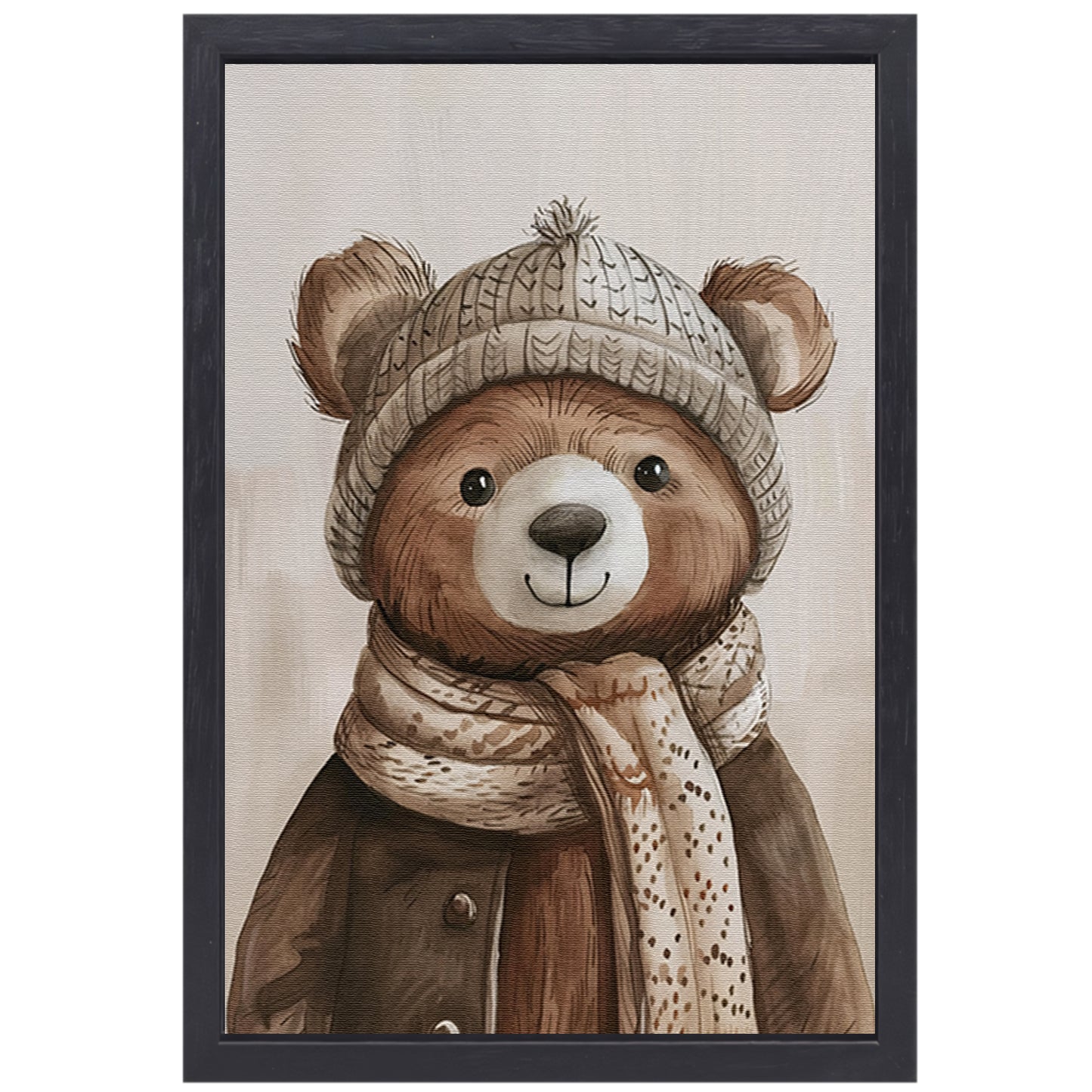 Aquarel  van beer met sjaal canvas met baklijst