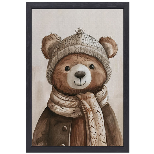 Aquarel  van beer met sjaal canvas met baklijst