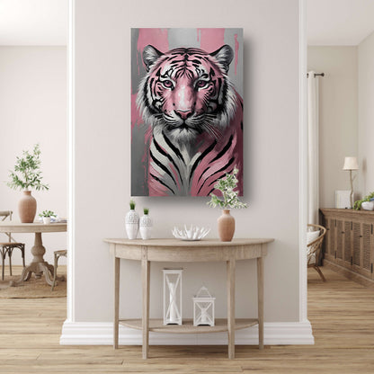 Abstract Roze en Zilver Tijger Schilderij poster