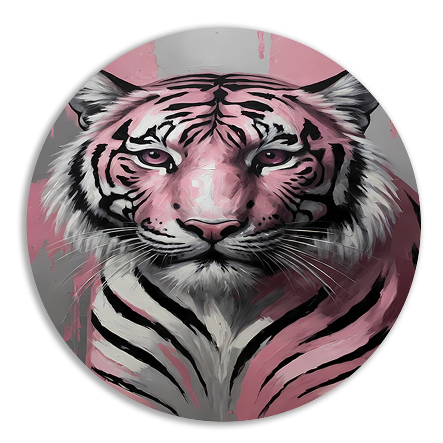 Abstract Roze en Zilver Tijger Schilderij aluminium muurcirkel