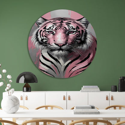 Abstract Roze en Zilver Tijger Schilderij aluminium muurcirkel