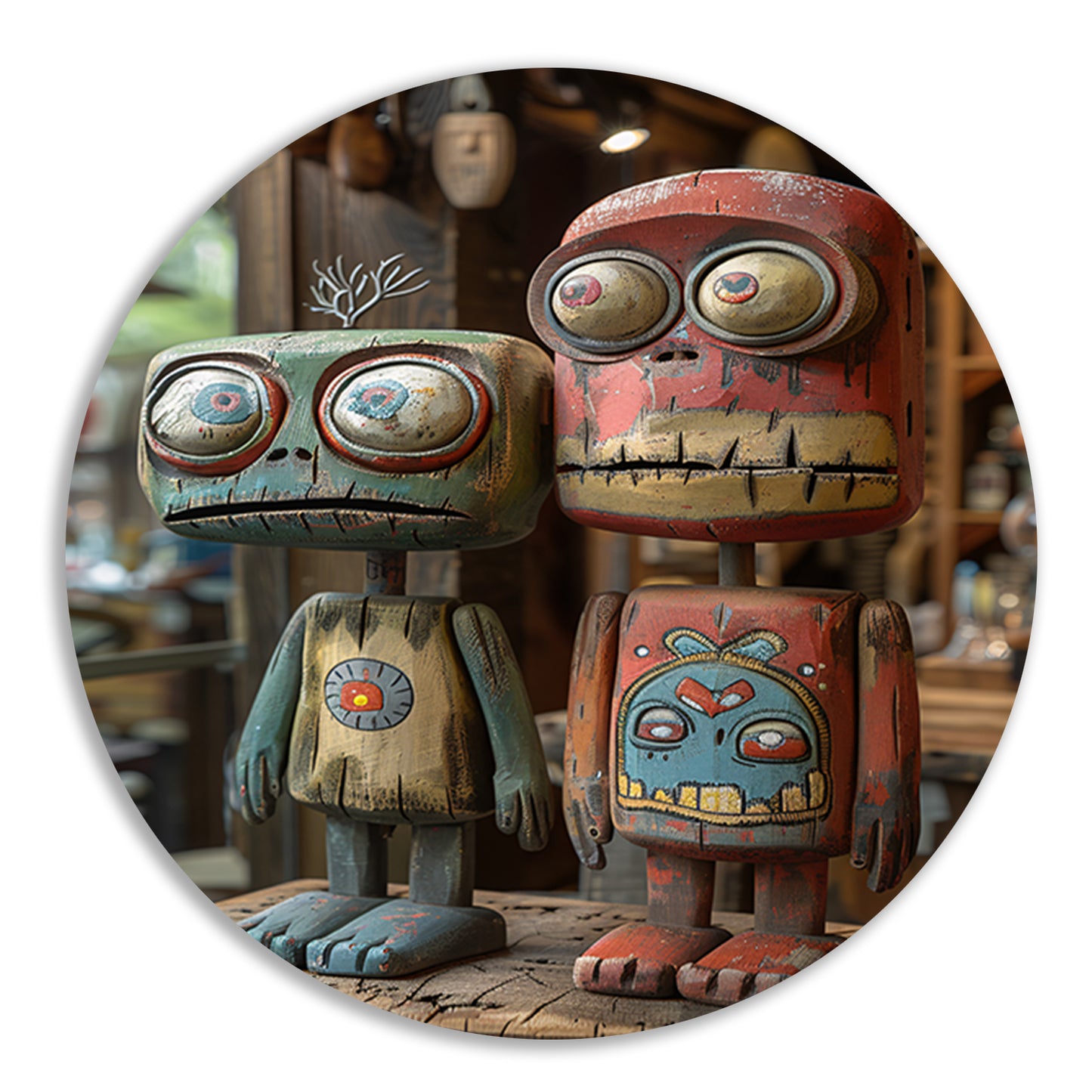 Twee Kleurrijk Houten Figuren aluminium muurcirkel