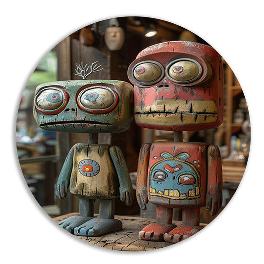 Twee Kleurrijk Houten Figuren aluminium muurcirkel