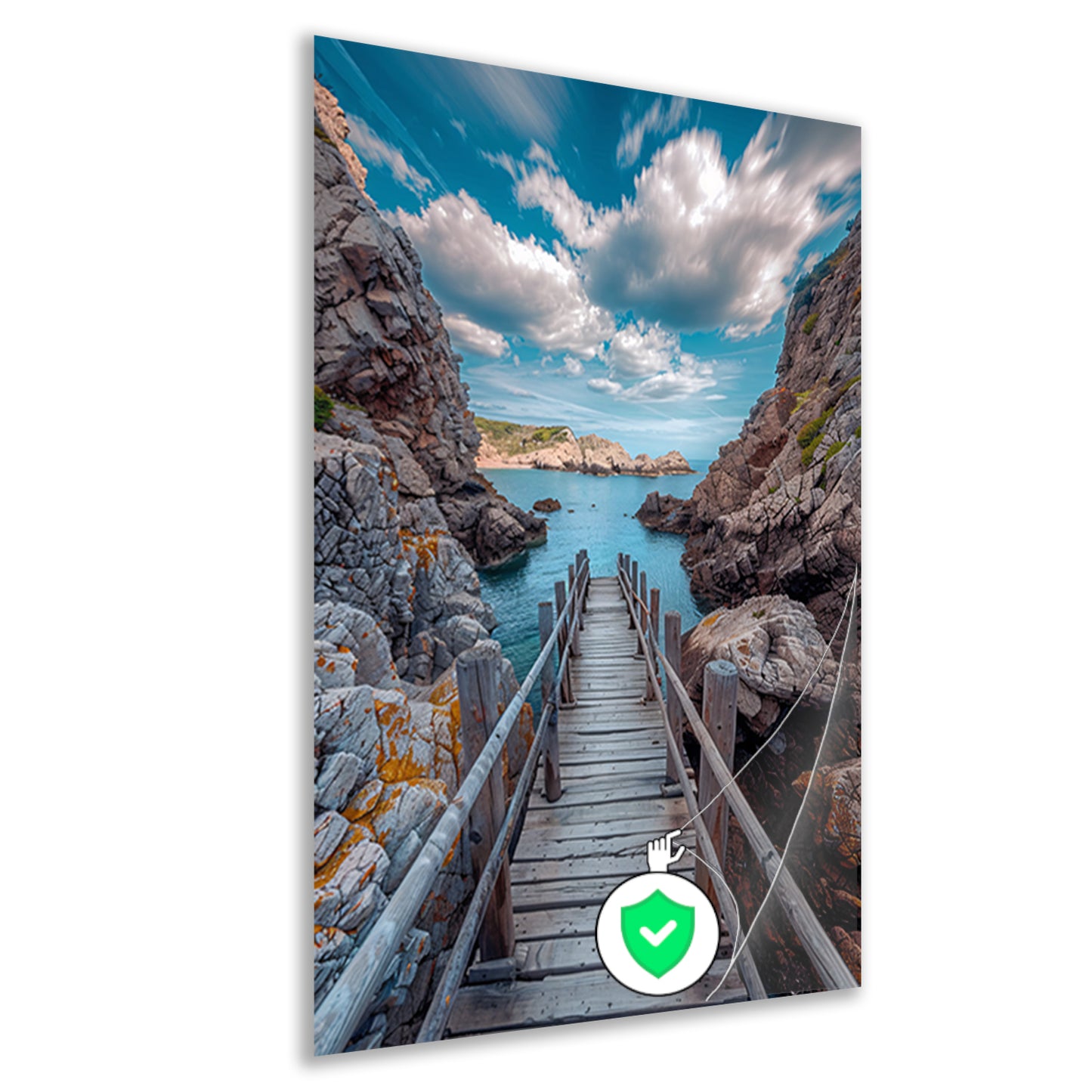 Houten loopbrug naar zee omringd door rotsen poster