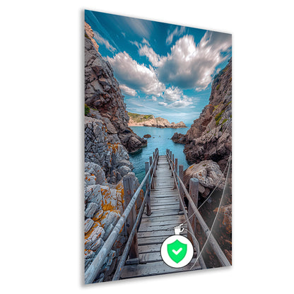 Houten loopbrug naar zee omringd door rotsen poster