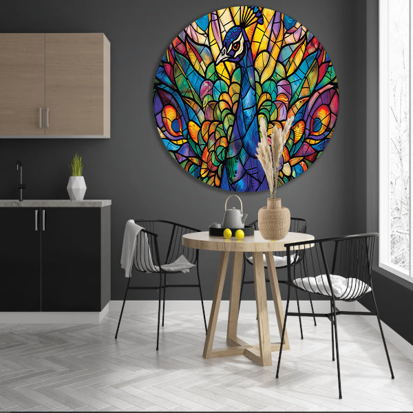 Glas-in-lood pauw in levendige kleuren aluminium muurcirkel