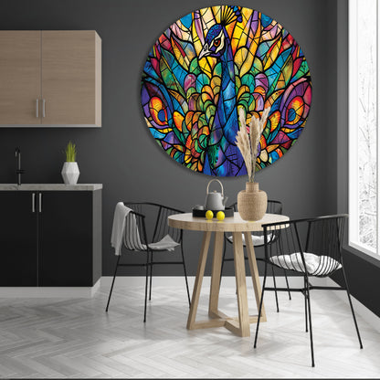 Glas-in-lood pauw in levendige kleuren aluminium muurcirkel