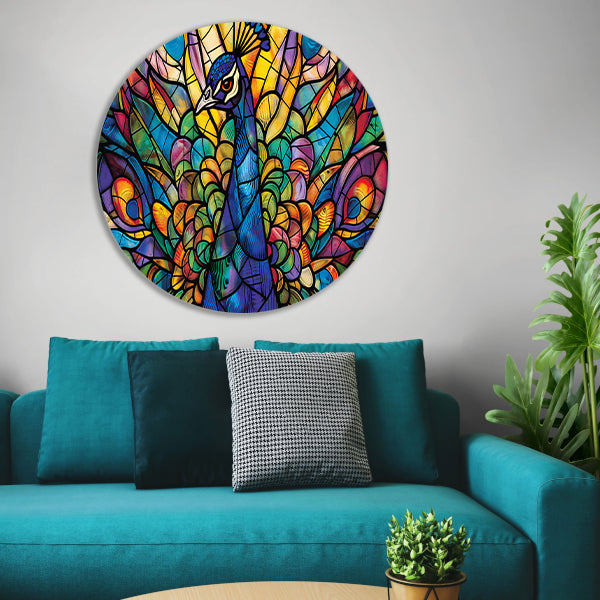 Glas-in-lood pauw in levendige kleuren aluminium muurcirkel