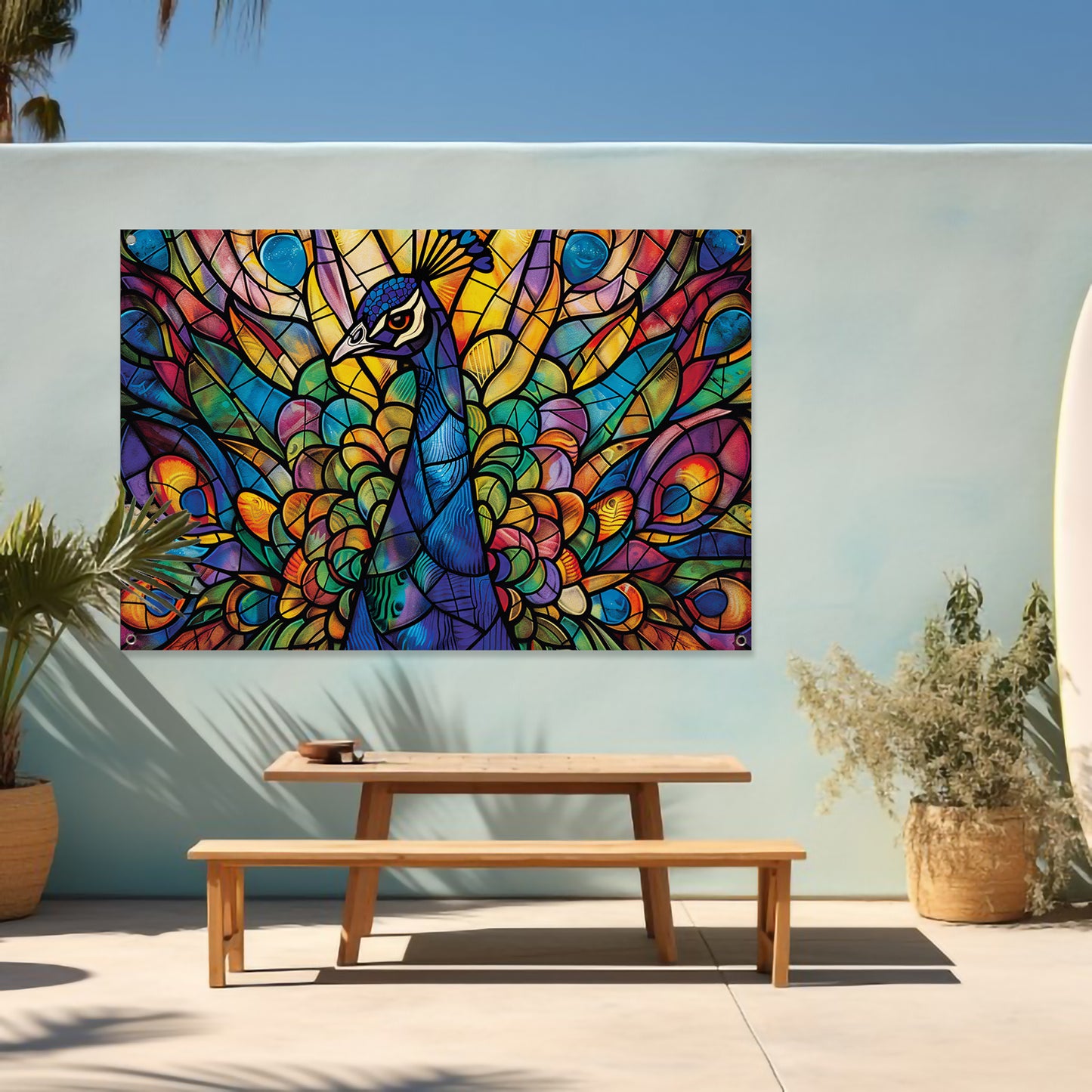 Glas-in-lood pauw in levendige kleuren tuinposter