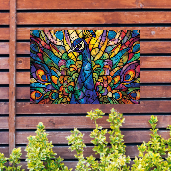 Glas-in-lood pauw in levendige kleuren tuinposter