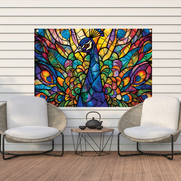 Glas-in-lood pauw in levendige kleuren tuinposter