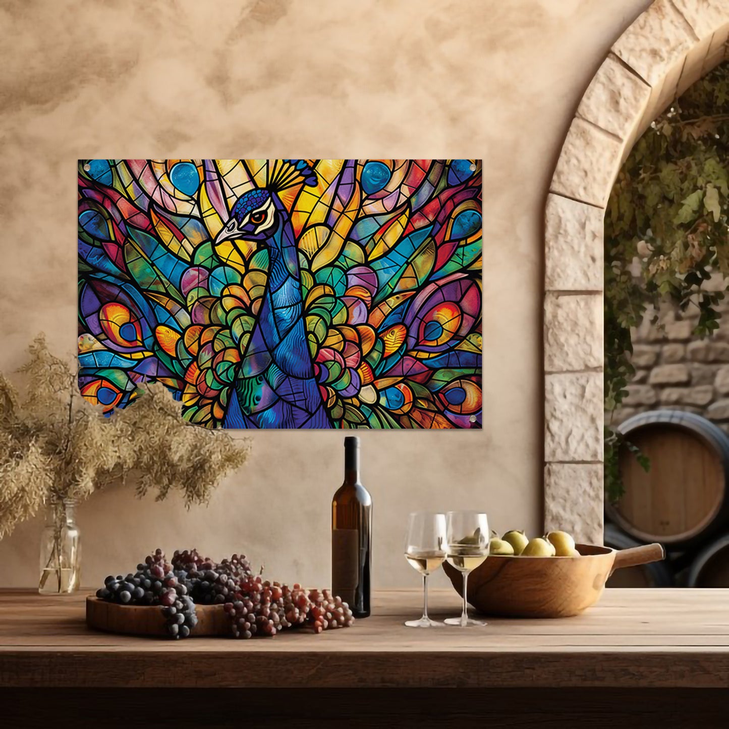 Glas-in-lood pauw in levendige kleuren tuinposter