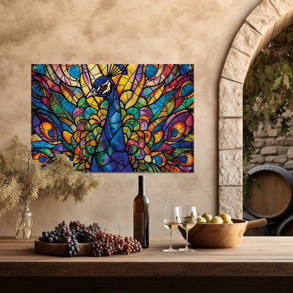 Glas-in-lood pauw in levendige kleuren tuinposter